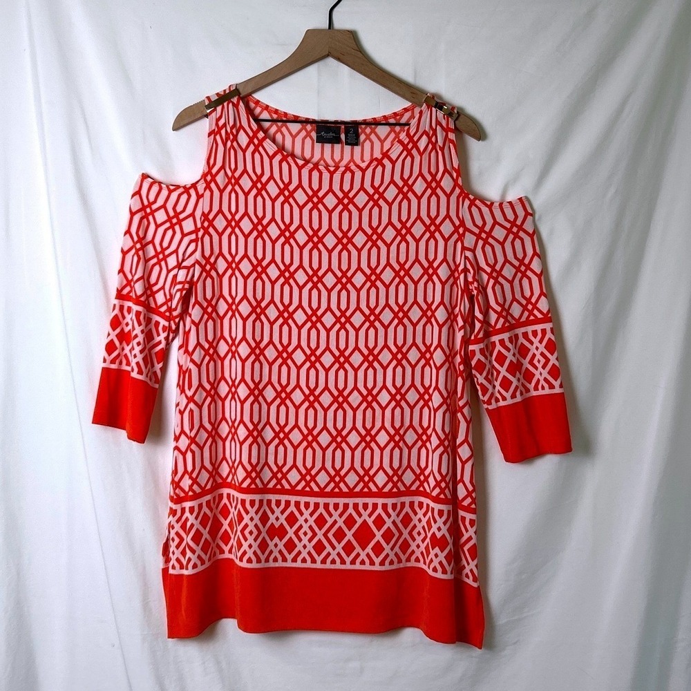 Chico's Travelers Women Cold Shoulder Geometric Tunic Top Size L/12 Orange White